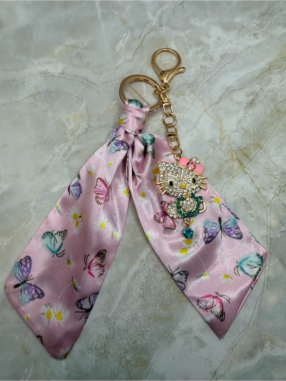 Pink Butterfly Satin Scarf Keychain with Crystal HK Charm
